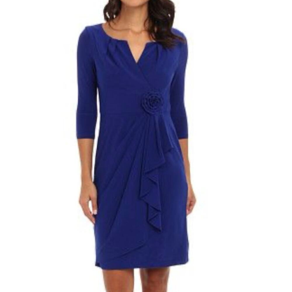ADRIANNA PAPELL Royal Cobalt Blue Rosette Faux-Wrap Dress Ruffle Notch - Sz 2
